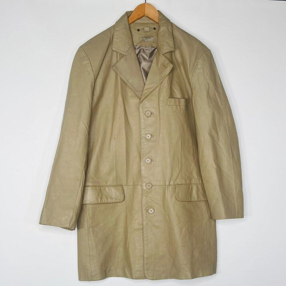 Vintage Y2K Cougar Leather Taupe Beige Oversized Long Jacket Coat Womens L